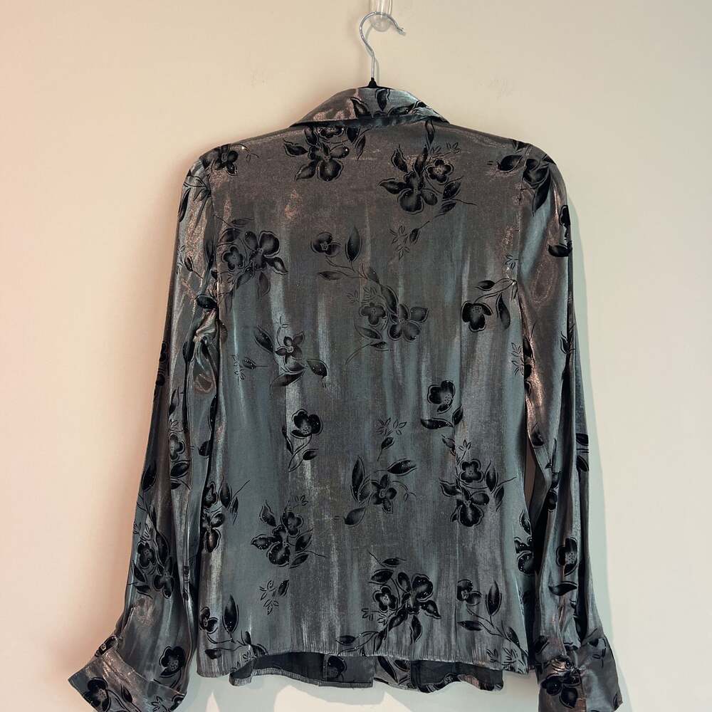 Notations Gray Metallic Velvet Burnout Floral Button Down Long Sleeve Medium - Picture 4 of 5